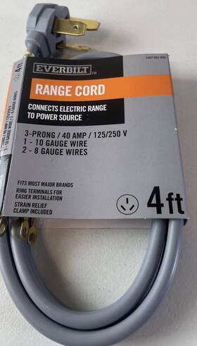 Everbilt 084691906032 4 Ft. 3-prong 40 Amp Electric Stove Range Cord 125/250v New