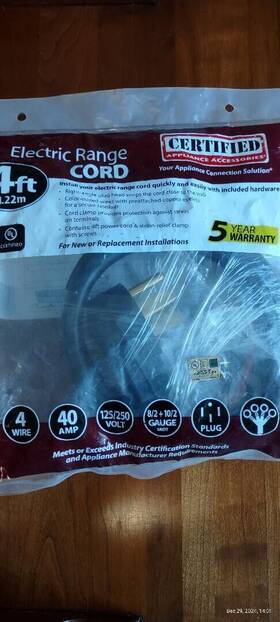 Petra 086844920605 Certified Appliance Accessories 4 Ft Wire 40 Amp Electric Range Cord