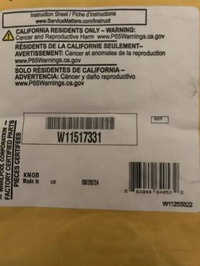 W11517331 Whirlpool 11517331 New Inch Oem Range Knob #w11517331
