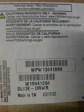 Wpw10441804 Whirlpool Whirpool Oven Drawer Slide Rail Oem