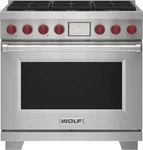 Wolf Series 36" Stainless Freestanding Dual-fuel Smart Range DF36650SPLP. Fixed Price $9999.00.