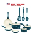 Mainstays 12 Piece Ceramic Nonstick Aluminum Pots And Pans Cookware Set, Blue. Fixed Price $34.00.
