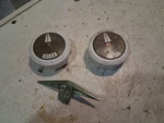 2 Vintage Gas Range Stove Burner Control Selector White & Copper ? Knobs Badge. Fixed Price $35.00.