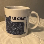 White/blue Ceramic Coffee Mug 12 Fl Oz Cats Pictorial "le Chat" Modern Decor. Fixed Price $19.00.