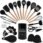 Non Stick Silicone Utensil Set With Rounded Wood Handles For Cooking Baking,. Fixed Price $46.97.