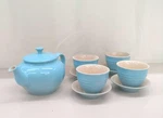 Le Creuset Teapot Flame Blue Cups And Saucers Of 4 Stoneware. Fixed Price $199.99.