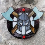 Viking Warrior Helmet, Double Axes And Shield Stained Glass Panel Window Hanging. Fixed Price $110.00.