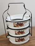 Vintage Enamelware Metal Nesting Food Carrier Kitchen Pattern. Three Pots, 1 Lid. Fixed Price $28.00.