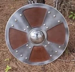 Decorative Viking Shield Wall Art With Metal Boss And Wood Panels Round Display. Fixed Price $216.75.